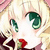 Anime-style close-up of a character's face with large green eyes, light hair, and a red mouth detail against a soft pastel background.