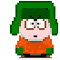 Pixel art character with green hair and orange shirt in multiple poses showing facial expressions, head angles, and body positions.