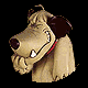 Animated cartoon dog head with light brown fur, dark brown ears, red collar, and visible teeth in two side-by-side poses.