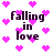 Pixelated text "falling in love" surrounded by pink hearts on white background with animated heart movement.