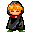 Pixel art character with blonde hair and green eyes in black hooded cloak, red collar, green pants; multiple poses including standing, crouching, and action sequences.