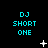 Pixelated cyan text 'DJ SHORT ONE' on black background with scattered white star-like shapes.