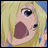 A 48x48 pixel buddy icon featuring a split composition with an anime-style character on the left and text elements on the right against a black background.