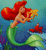 Pixelated cartoon mermaid with red hair and green tail swimming underwater, holding a yellow seashell near her face against blue-green background.
