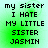 Green pixelated background with black text reading 'my sister I HATE MY LITTLE SISTER JASMIN' in four identical quadrants.