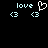 Pixelated light blue text and symbols on black background, with a heart symbol replacing the 'o' in one instance of 'love'.