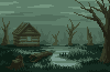 Pixel art scene of a log cabin in a swampy landscape with bare trees, murky water, and overcast sky.