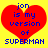 Red heart shape with blue text on yellow background, displaying 'jon is my version of SUPERMAN' in pixelated font.