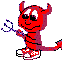 Red devil character with horns, tail, and pitchfork in two poses against gray background.