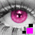 Pixelated close-up of two pink eyes with black pupils and white highlights, surrounded by grayscale eyelashes and skin tones.