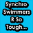 Pixelated text on blue background with a swimmer image, reading Synchro Swimmers R So Tough... We Make Football Players Shake In Their Pads.