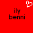 Red background with white pixelated heart above two identical black text blocks reading 'ily benni' in a blocky font.