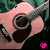 Pixelated guitar with pink body and dark soundhole, two green leafy elements above, black background, small pink heart at bottom center.