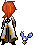 Pixel art character with orange hair and white-and-brown robe holding a blue bird, shown in multiple poses across a