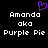 Pixelated text displays 'Amanda aka Purple Pie' with a purple heart symbol above the left instance on black background.