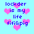Pixelated cyan background with pink heart shapes and blue text reading "lockder is my life fifi&pig" in a pattern