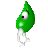 Green pixelated character with single large eye and white appendage against gray background.