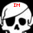 Three white skulls with black eye sockets and nasal cavities, each wearing a black eye patch, arranged in a with red text above them
