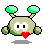 Pixelated character with green antennae and red lower body, showing heart animation and color changes across frames.