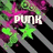 four shows a static image with green stars, pink and purple swirls on black diagonal stripes; the top-left displays 'PUNK', top-right 'ROCKER', bottom-left 'CHIC' text