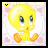 A pixelated yellow cartoon bird with blue eyes and orange feet sits against a white background with pink hearts, shown in two slightly different frames of an animated contact sheet.