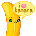 Two pixel-art banana characters in a contact sheet with speech bubbles saying "i ❤️ banana"; left character has open eyes, right character winks.