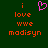 A static pixel art image with a dark green background, orange text reading 'i love wwe modisyn', and a pink heart symbol above the text.