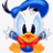 Pixelated cartoon character with blue hair, white face, black eyes, red bow tie, and orange feet, arms raised in a cheerful pose.