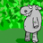 Pixelated gray cartoon character with wide grin stands against green pixelated background, holding a small object.