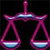 Static pixelated icon of a pink and cyan balance scale with two triangular pans against black background, rendered in low-resolution digital art style.