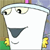 Pixelated cartoon character face with large eyes, triangular nose, and small smile against a blurred background of green, brown, purple, and yellow elements.