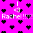 Pixelated pink background with black heart shapes and repeated white text 'Rachel !!!!!' with '<3' symbols.