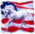 Pixelated image of a white horse with dark mane and tail against red-and-white striped background, blue top-left corner.