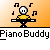 Pixelated character in yellow shirt plays piano with musical notes floating around, repeated across two of orange and beige backgrounds