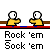 Animated contact sheet of 14 frames showing yellow stick figures performing various actions with a red bar and brown table, accompanied by "Rock 'em Sock 'em" text.