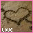 A 48x48 pixel animated buddy icon showing a heart outline with the word "LOVE" in pixelated text, displayed as two sequential frames on a pink border background.