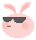 Pixelated pink bunny head with two expressions: one wearing black sunglasses, the other with a black pixelated mouth and small square eyes.