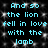 Pixelated cyan text repeats 'And so the lion fell in love with the lamb' on a black background with white speckles.