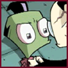 Green-skinned cartoon character with large white eyes and black pupils, wearing a teal shirt and brown bow tie, interacting closely with another character.