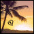 Animated sequence of palm trees against a sunset sky with a heart symbol changing shape in the foreground.