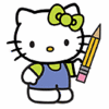Hello Kitty character with green bow holding yellow pencil, pink text "Hello Kitty?" on white background, black text "Can You Say.." on pink background