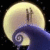 A static pixelated image shows a large pale yellow moon against black space, with two small figures standing on its surface and a dark blue spiral shape below.