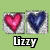 Two pixelated heart icons on a light green background, one pink and one blue, with the name 'Lizzy' in bold white text below.