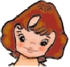 A cartoon-style avatar with reddish-brown hair and a small white bow, showing multiple facial expressions including smiling, neutral, and closed eyes.