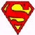 Red shield with yellow 'S' symbol on white background; silver peace sign with green and gold segments on gradient backdrop.