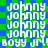 Pixelated text repeats 'JOHNNY' and 'BOYY JR!!' across a green-and-blue checkered background in a static image.
