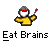 Pixelated character in yellow jacket and red headband holds red-tipped object, with 'Eat Brains' text below on gray background.