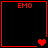 Four red-bordered with "EMO" text and heart symbols on black backgrounds, showing animation changes in heart positions