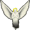 Four angel figures with yellow halos, white robes, and outstretched wings in varying poses against a gray background.