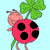 A red ladybug with black spots holds a green four-leaf clover, with a small pink creature on its back, transitioning between expressions and background colors.